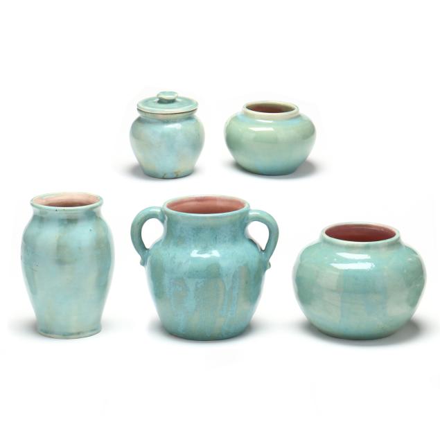 pisgah-forest-pottery-arden-nc-five-teal-glazed-pottery-forms