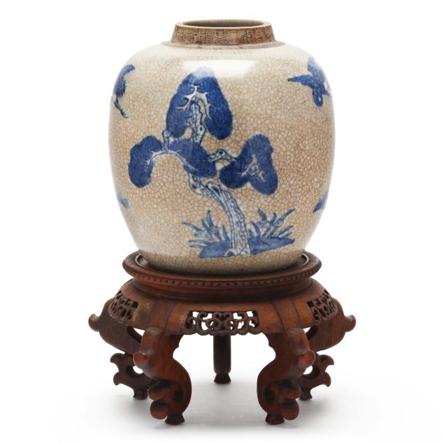 a-chinese-crackle-ware-ginger-jar-with-deer-and-crane-in-blue-and-white