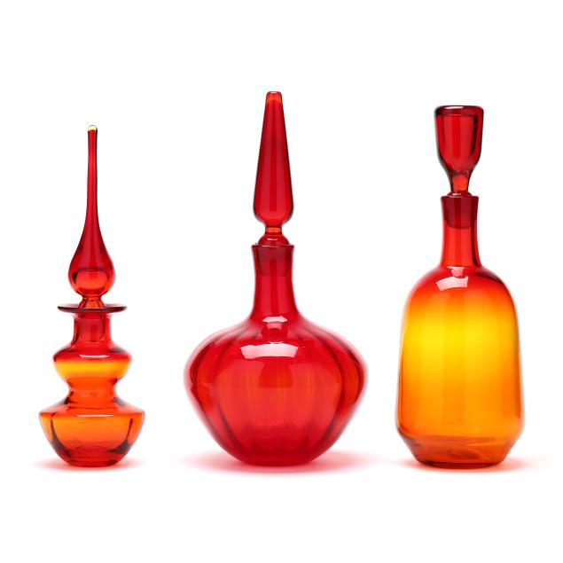 three-vintage-blenko-glass-decanters