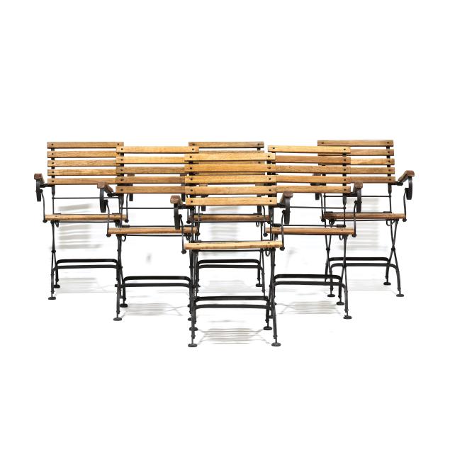 smith-hawken-set-of-six-teak-wood-and-wrought-iron-chairs
