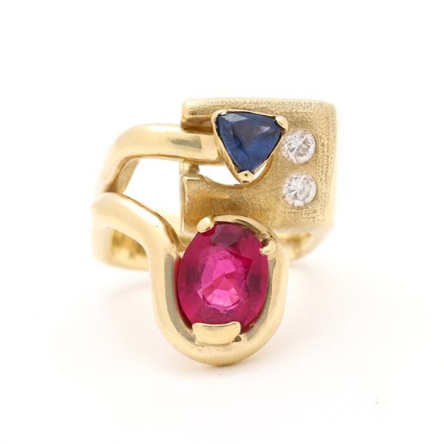 modernist-gold-pink-tourmaline-sapphire-and-diamond-ring-signed