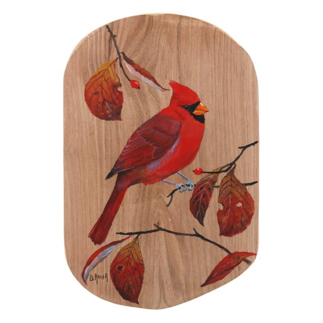 duane-raver-jr-nc-1927-2022-northern-cardinal-with-fall-foliage-on-wood