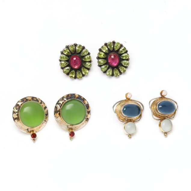 three-pairs-of-sterling-silver-and-gem-set-earrings-one-by-leo-feeney