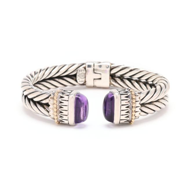 sterling-silver-gold-and-amethyst-cable-cuff-bracelet-h-w-burdick-co