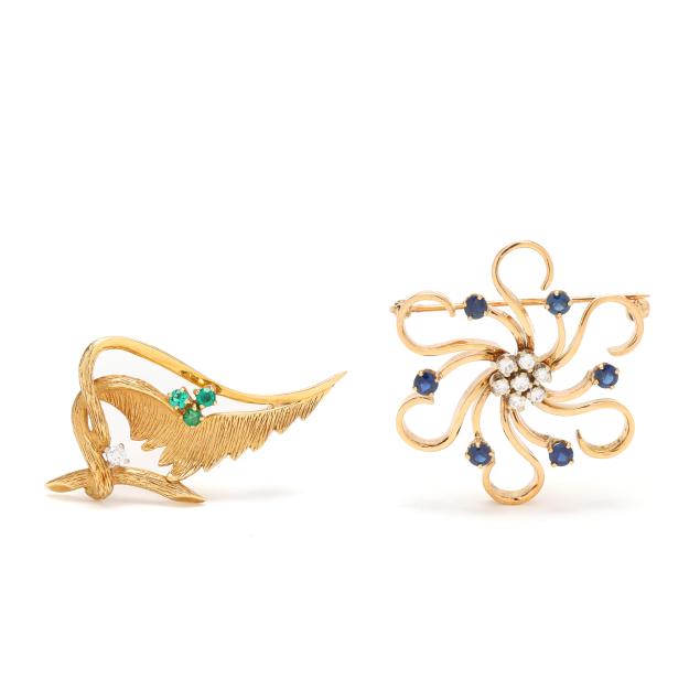 two-gold-and-gem-set-brooches