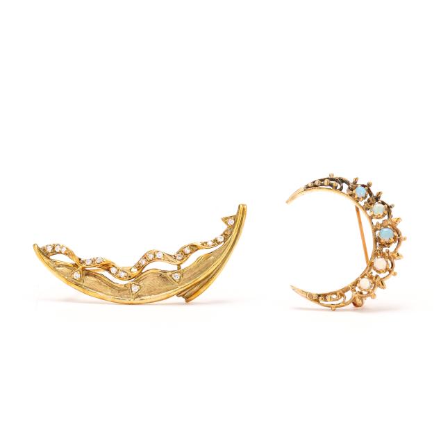 two-vintage-gold-and-gem-set-crescent-brooches