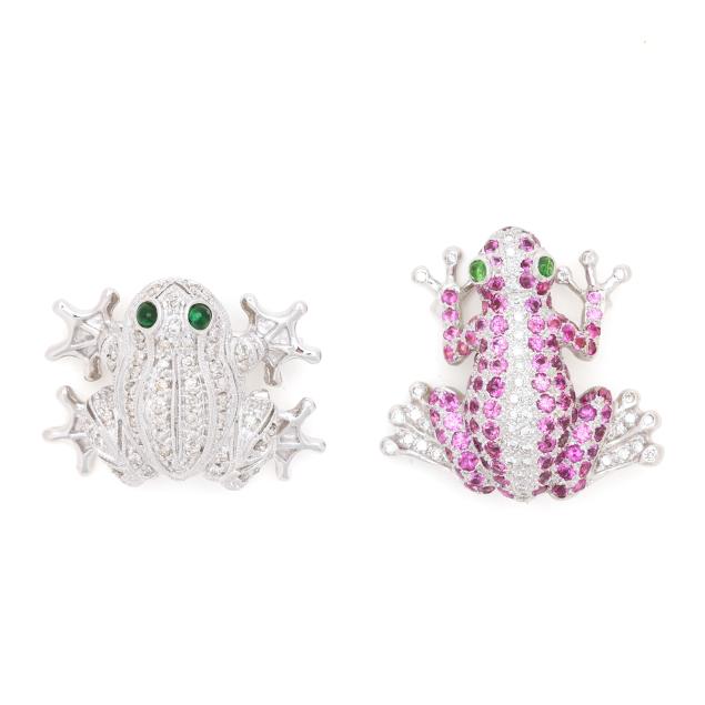 two-white-gold-and-gem-set-frog-brooches