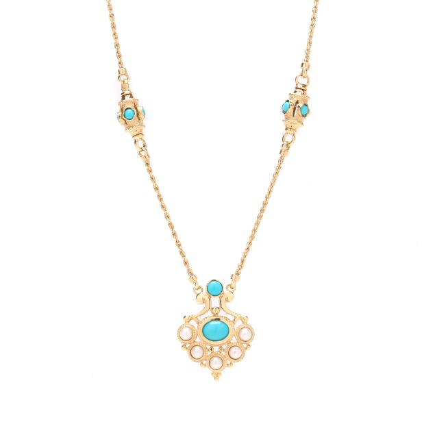gold-turquoise-and-pearl-middle-eastern-motif-pendant-necklace
