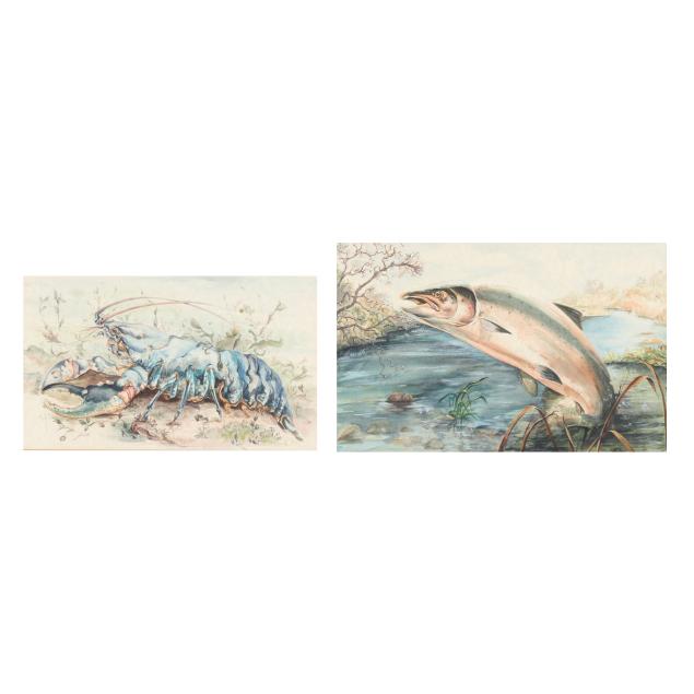 two-antique-english-school-watercolors-a-steelhead-and-a-crawfish