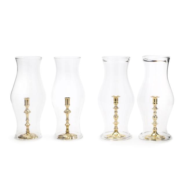 two-pairs-of-brass-candlesticks-and-two-pairs-of-glass-hurricane-shades