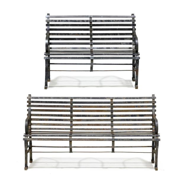 two-vintage-wrought-iron-garden-benches