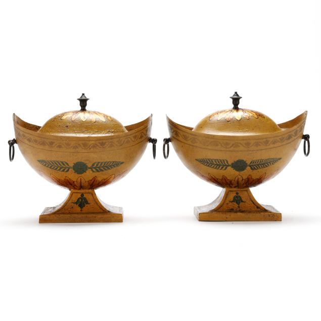 pair-of-continental-yellow-and-gilt-toleware-urns