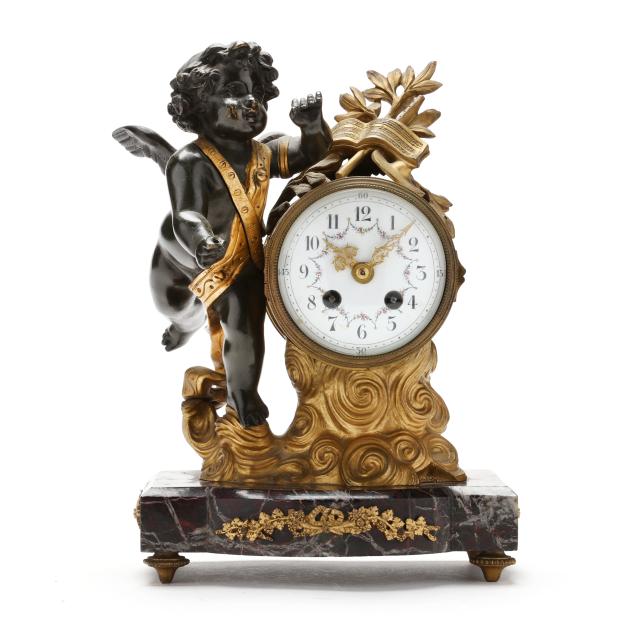 french-patinated-and-gilt-bronze-cupid-mantel-clock