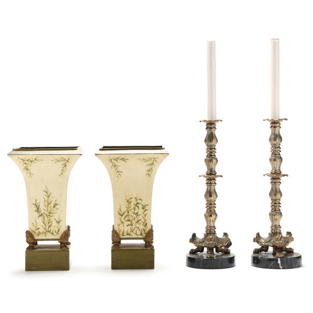 pair-of-empire-style-brass-candlestick-lamps-and-toleware-cachepots