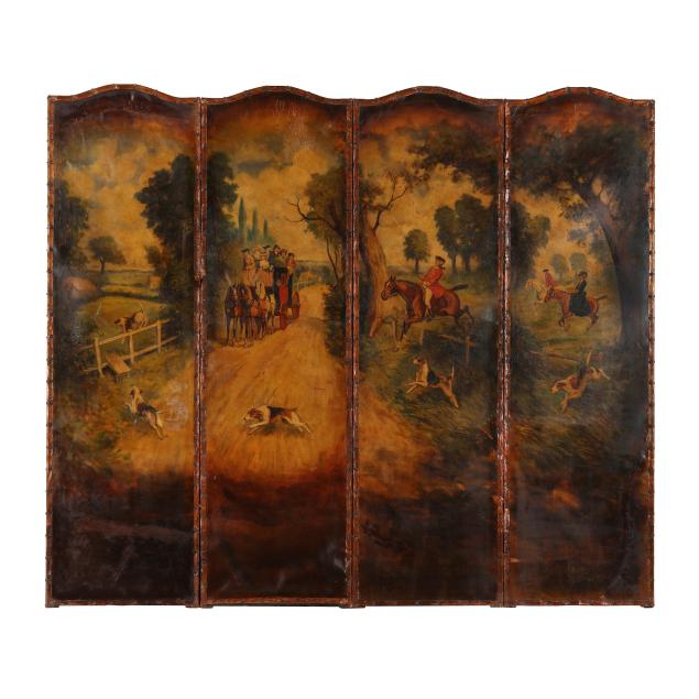vintage-four-panel-floor-screen-with-painted-fox-hunt-scene