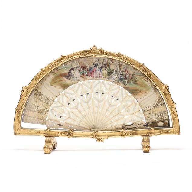 framed-antique-french-gilt-and-painted-cabriolet-hand-fan