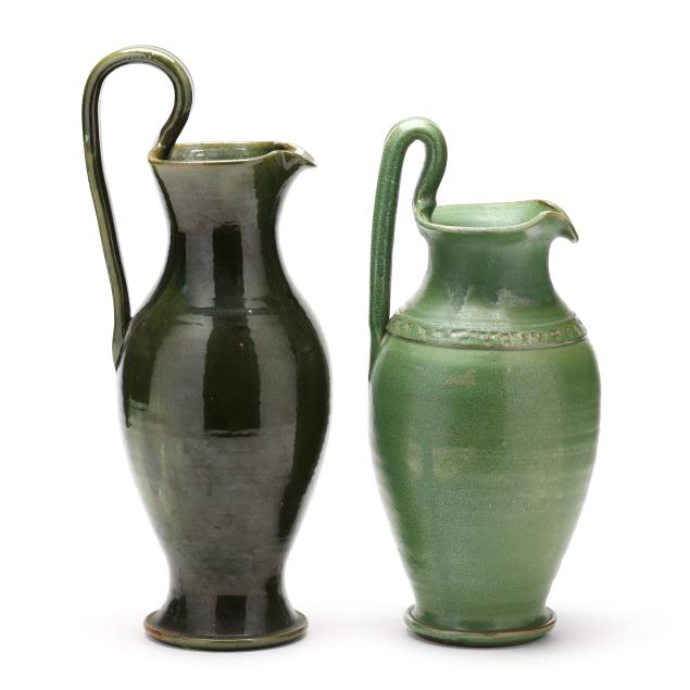two-north-carolina-green-glazed-rebecca-pitchers