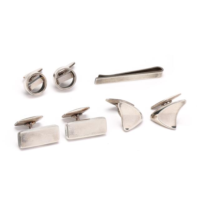 three-pairs-of-sterling-silver-cufflinks-and-a-tie-bar-georg-jensen