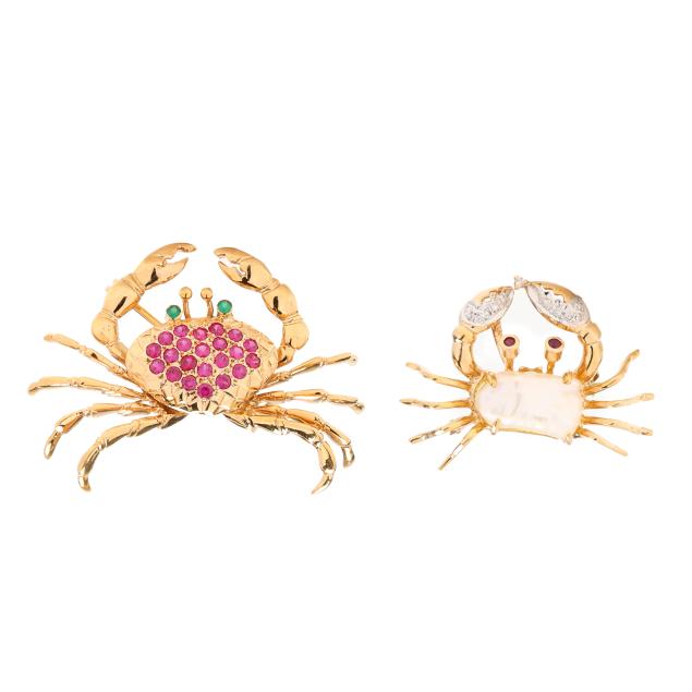 two-gold-and-gem-set-crab-motif-brooches