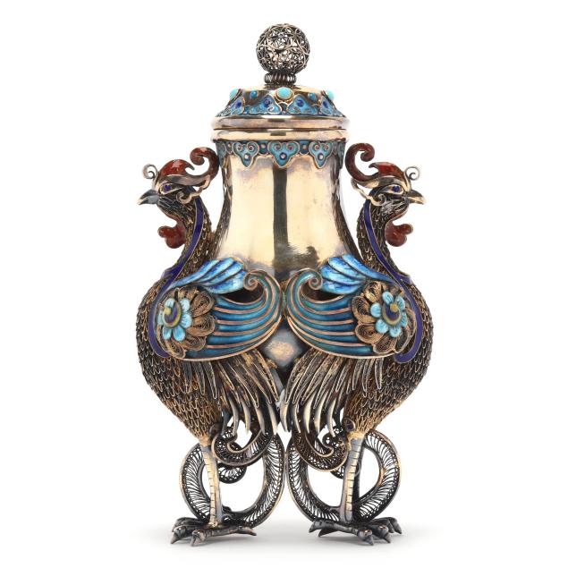 a-chinese-gilt-silver-wire-and-enamel-double-phoenix-jar-with-cover