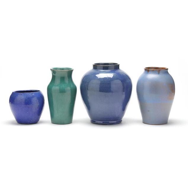 four-vintage-art-pottery-vases-in-blue-and-green