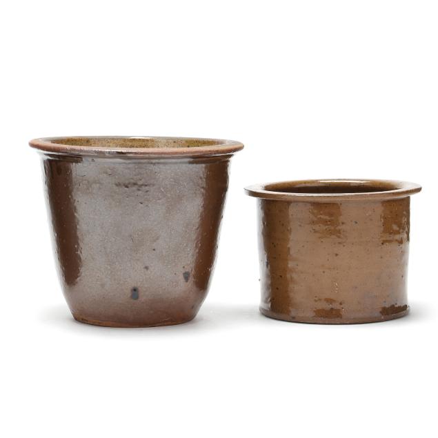 two-antique-stoneware-crocks-including-penland-s-pottery-candler-nc