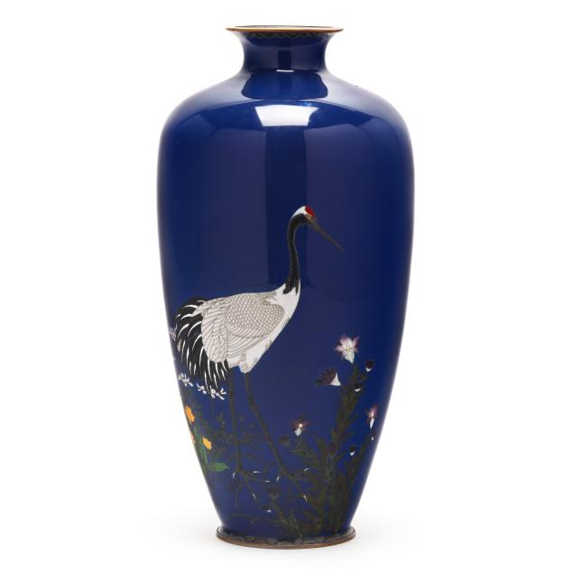 a-japanese-cobalt-blue-cloisonne-vase-with-crane