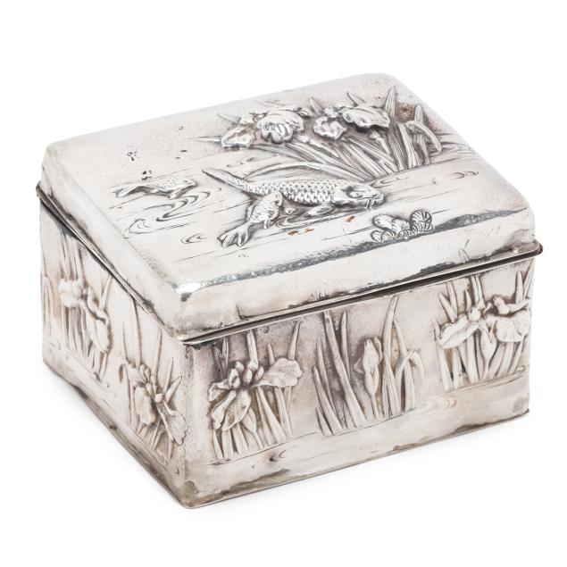 a-japanese-silver-clad-box-with-relief-scene-of-koi-fish-and-irises