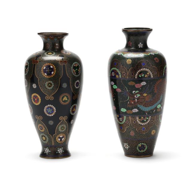 a-matched-pair-of-japanese-dark-green-and-black-ground-cloisonne-vases