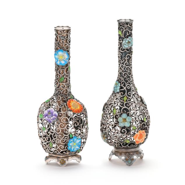 a-matched-pair-of-japanese-silver-and-enamel-bud-vases