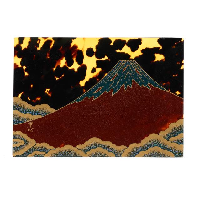a-gilt-and-painted-tortoise-shell-plaque-with-mount-fuji