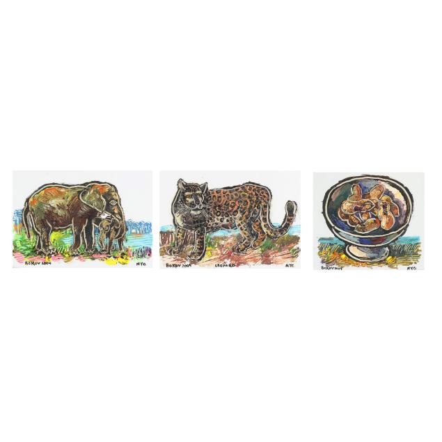 konstantin-bokov-ukranian-american-b-1940-i-leopard-i-elephants-bowl-of-peanuts-three-works