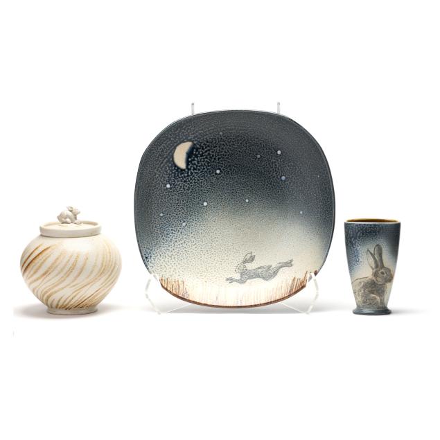 charlie-tefft-summerfield-nc-three-ceramic-forms-with-rabbit-decoration