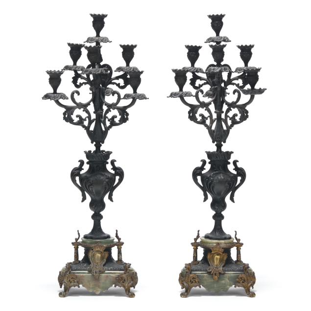 pair-of-french-patinated-metal-and-champleve-seven-light-candelabra