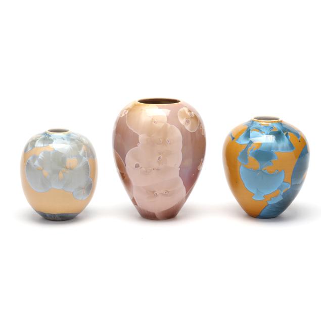 three-crystalline-glazed-vases-including-sid-oakley-nc-1932-2002