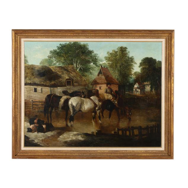 attributed-john-frederick-herring-jr-english-1815-1907-horses-and-rider-water-by-a-thatched-barn
