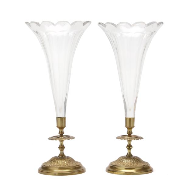 pair-of-antique-glass-and-brass-footed-trumpet-vases