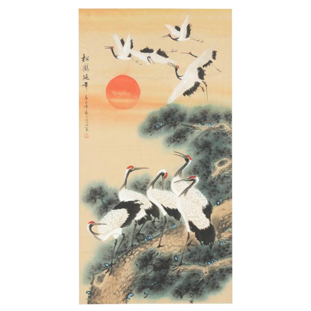a-large-japanese-painting-of-cranes-and-pine-with-rising-sun
