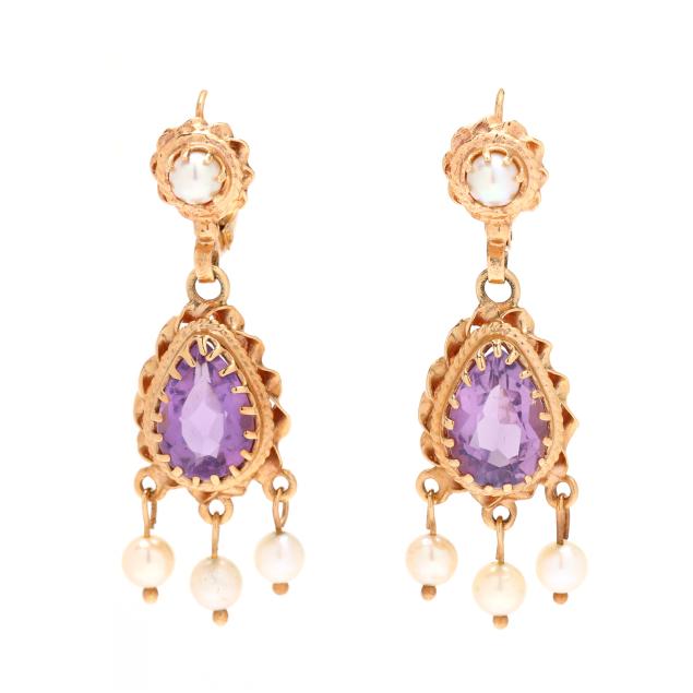 vintage-gold-amethyst-and-pearl-dangle-earrings
