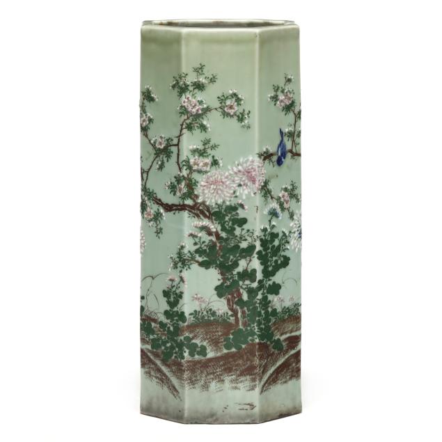 a-japanese-porcelain-celadon-hexagonal-umbrella-stand-with-birds-and-flowers