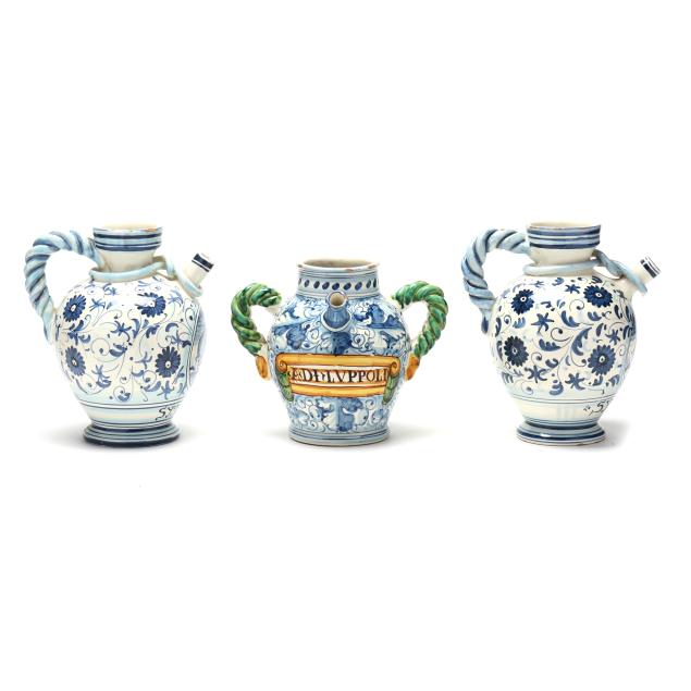 three-vintage-italian-faience-apothecary-pitchers
