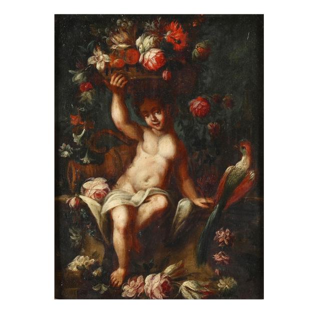 manner-of-gaspar-peeter-verbruggen-the-younger-flemish-1664-1730-a-putto-and-bird-with-floral-garland