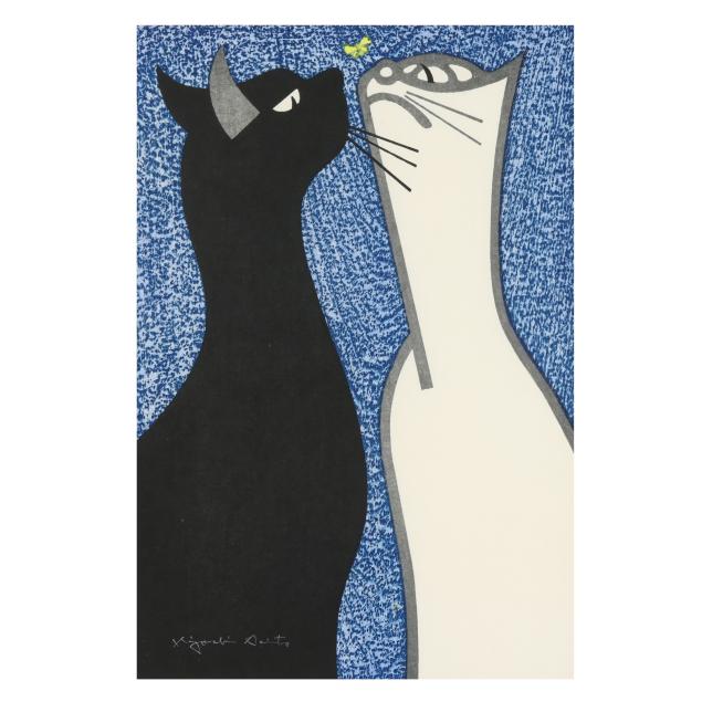 kiyoshi-saito-japanese-1907-1997-i-steady-gaze-two-cats-with-yellow-butterfly-i