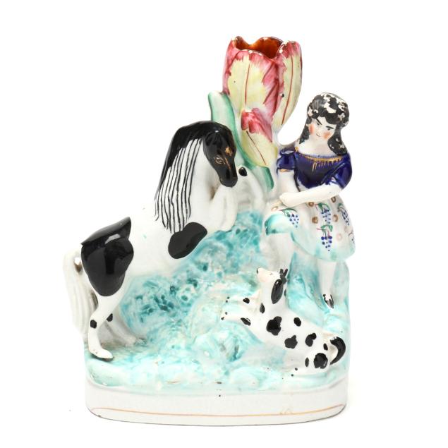 rare-staffordshire-spill-vase-with-girl-piebald-pony-and-hound