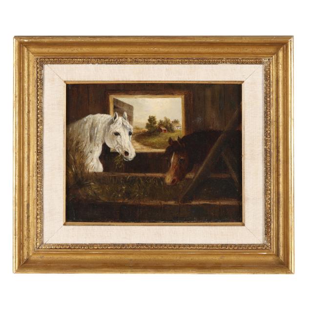an-antique-painting-of-two-horses-in-barn