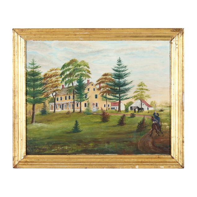 american-school-late-19th-century-folk-art-painting-of-a-rider-returning-home