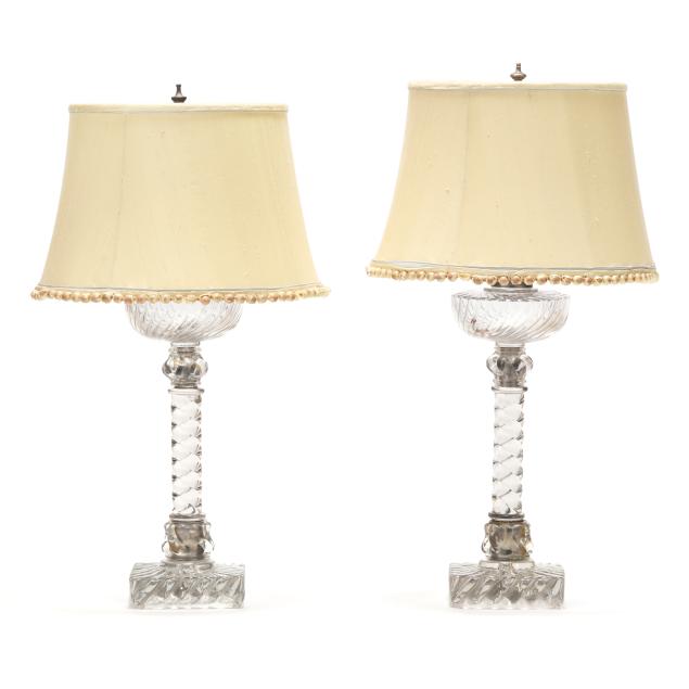 attributed-baccarat-pair-of-antique-glass-banquet-oil-lamp-table-lamps-with-shades