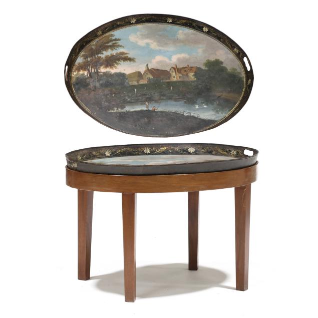 antique-tole-tray-on-stand-depicting-rural-life