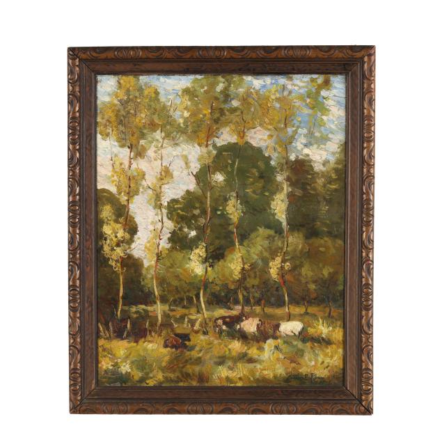 charles-e-rowe-american-20th-century-sheep-among-a-forest-landscape
