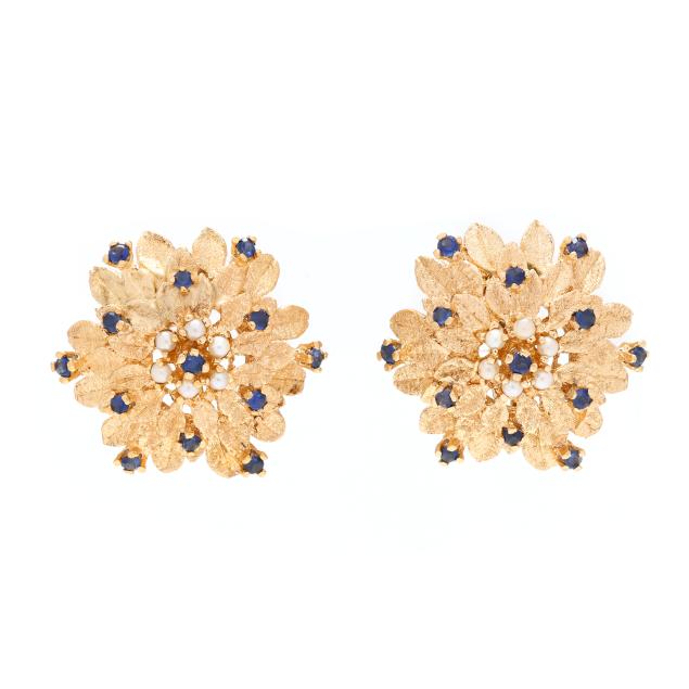 gold-sapphire-and-seed-pearl-floral-motif-earrings
